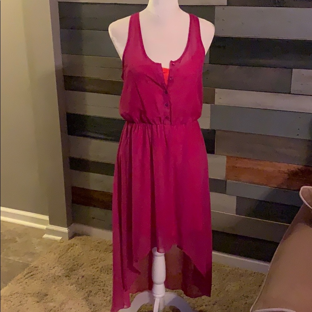 Decree fuchsia and orange sheer hi/low dress.